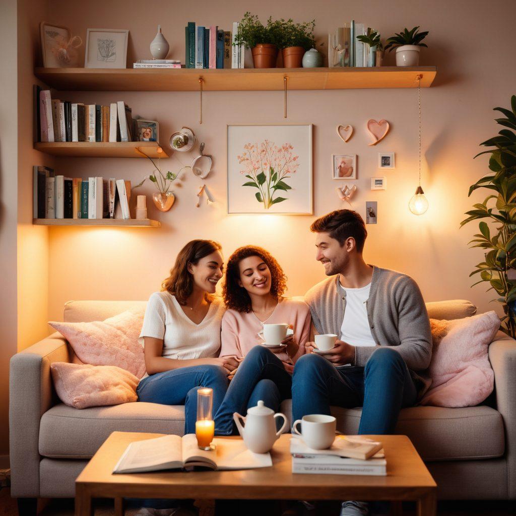 A cozy, intimate scene of a diverse couple sitting on a comfortable couch, sharing a heartfelt conversation over a cup of tea, surrounded by warm, soft lighting and symbols of love like heart-shaped decor and family photos. In the background, a bookshelf filled with self-help books and a plant bringing freshness to the environment, symbolizing growth in relationships. Illustrative, soft pastel colors. cozy atmosphere.