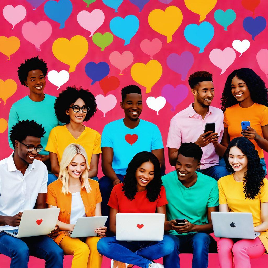 A diverse group of people engaged in various forms of communication through smartphones and laptops, showcasing online dating interactions. Include vibrant chat bubbles filled with hearts and emojis, symbolizing connection. The background features abstract digital patterns representing the virtual nature of online dating. Bright color palette to evoke positivity and excitement. super-realistic. vibrant colors. abstract digital art.