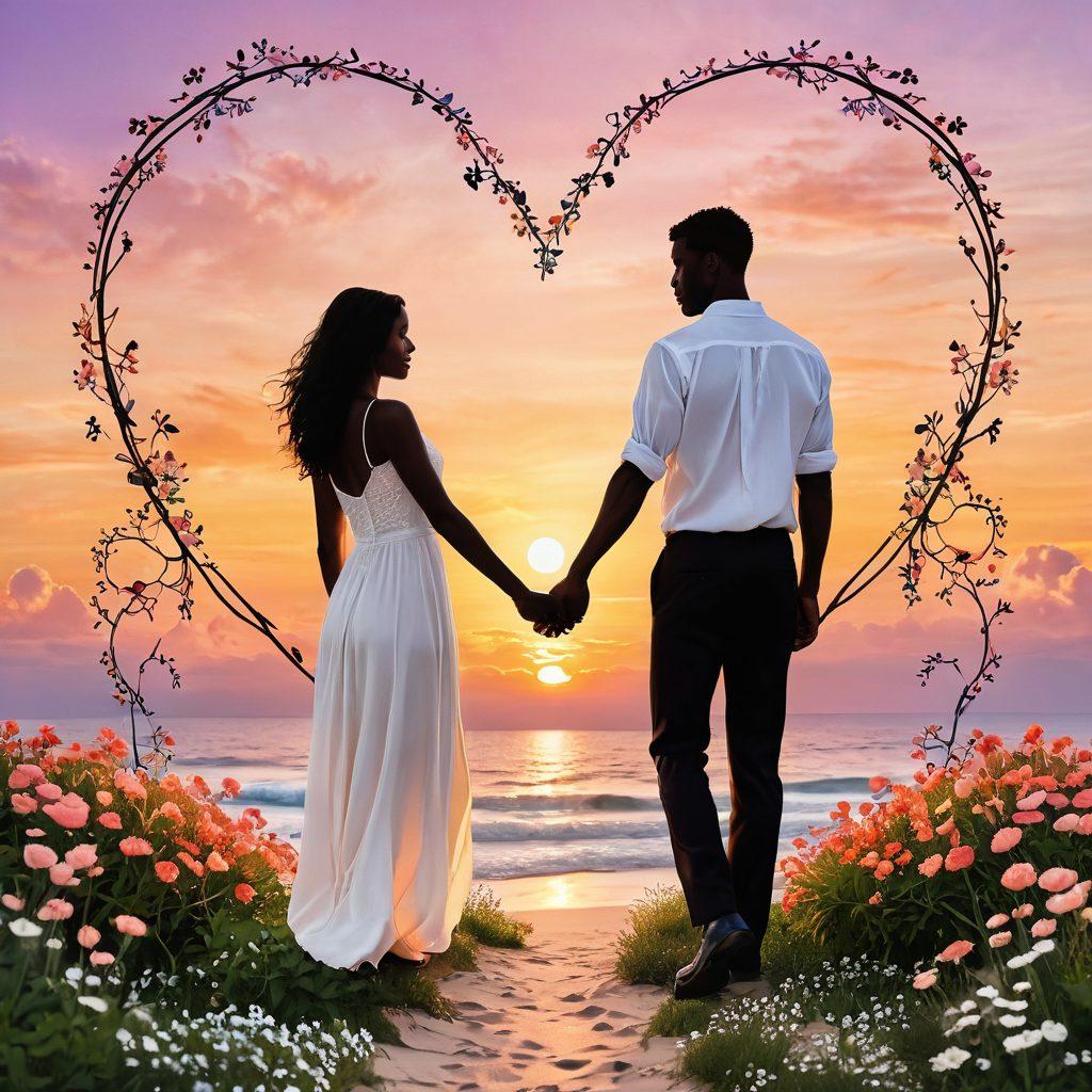 A beautifully intertwined couple holding hands, surrounded by delicate heart-shaped symbols and blooming flowers, signifying lasting love and connection. A soft sunset in the background symbolizing warmth and romance, with elements of trust and communication represented by gentle waves in the air. The color palette should be serene and inviting, evoking feelings of hope and joy. super-realistic. vibrant colors. dreamy atmosphere.